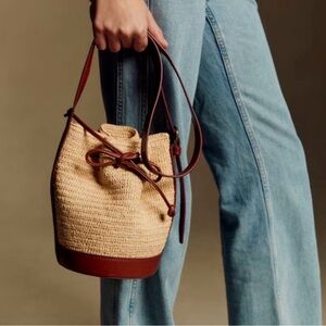 Sezane Mini Farrow Woven Straw Bucket Bag with Brown Leather Trim - Like New!